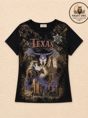 Texas Graphic Tee Rhinestones Longhorn and City Scene - women’s XL